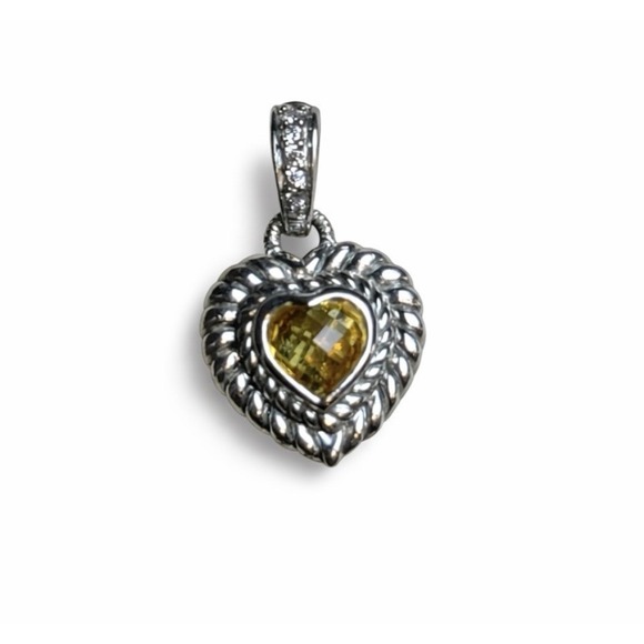 Judith Ripka Sterling Silver Heart Pendant Yellow Citrine CZ Pave Enhancer Charm